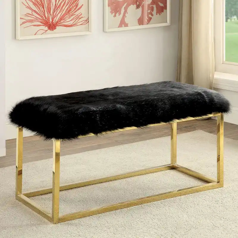 Contemporary Faux Fur Accent Bench with Champagne Metal Frame