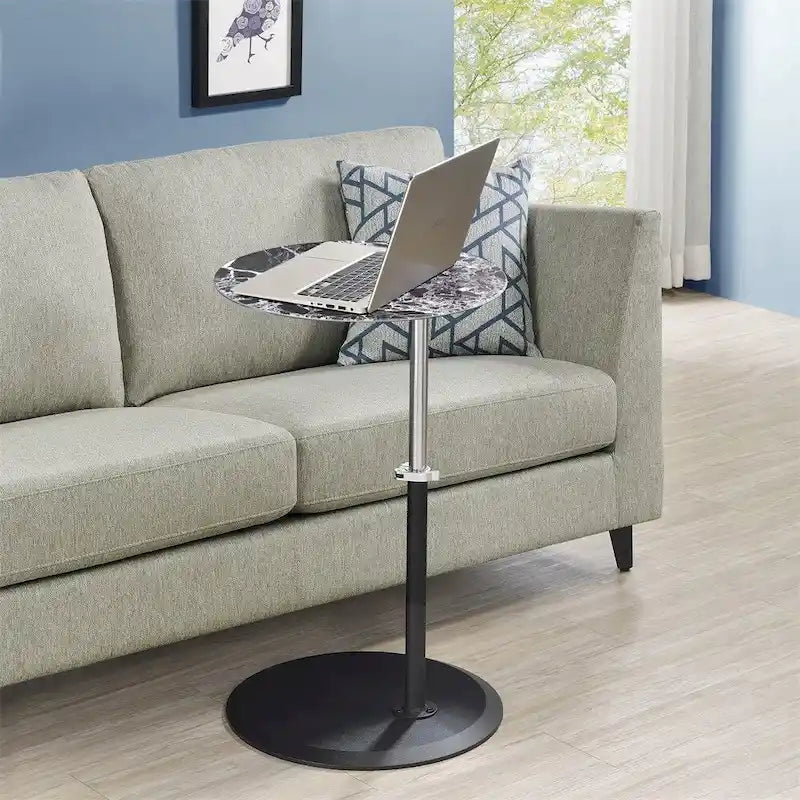 Table d'appoint ronde réglable en hauteur avec plateau en verre texturé marbre