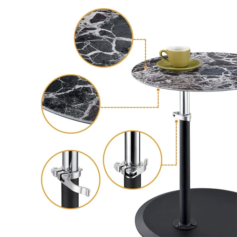 Height Adjustable Round End Table with Marble Textured Glass Top