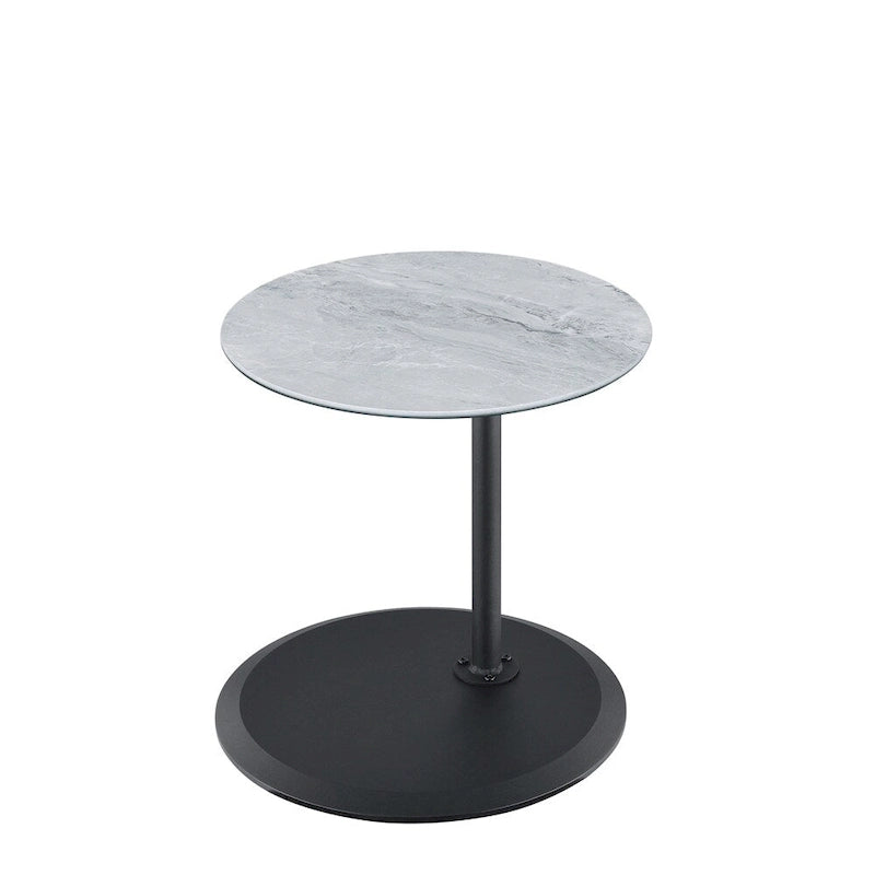 Table d'appoint ronde réglable en hauteur avec plateau en verre texturé marbre