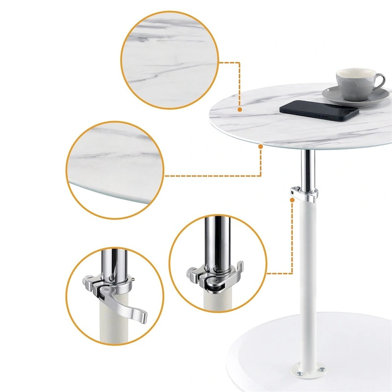 Table d'appoint ronde réglable en hauteur avec plateau en verre texturé marbre
