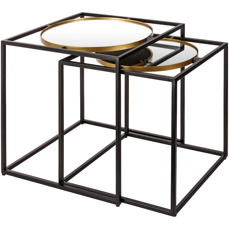 Table d'appoint ronde en verre miroir et métal noir de style contemporain