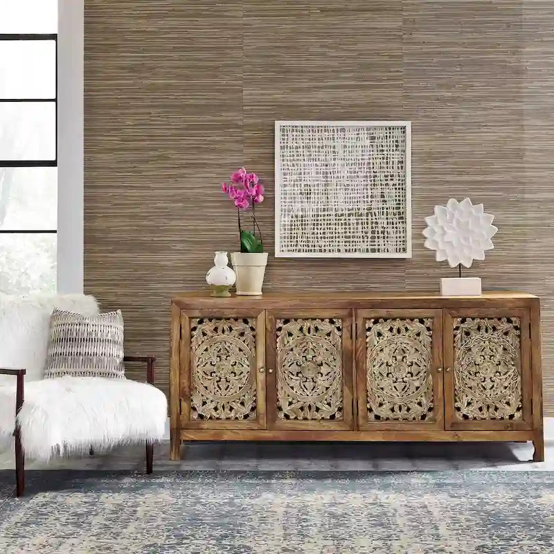 74-Inch 4-Door Boho Accent TV Stand in Weathered Honey Finish