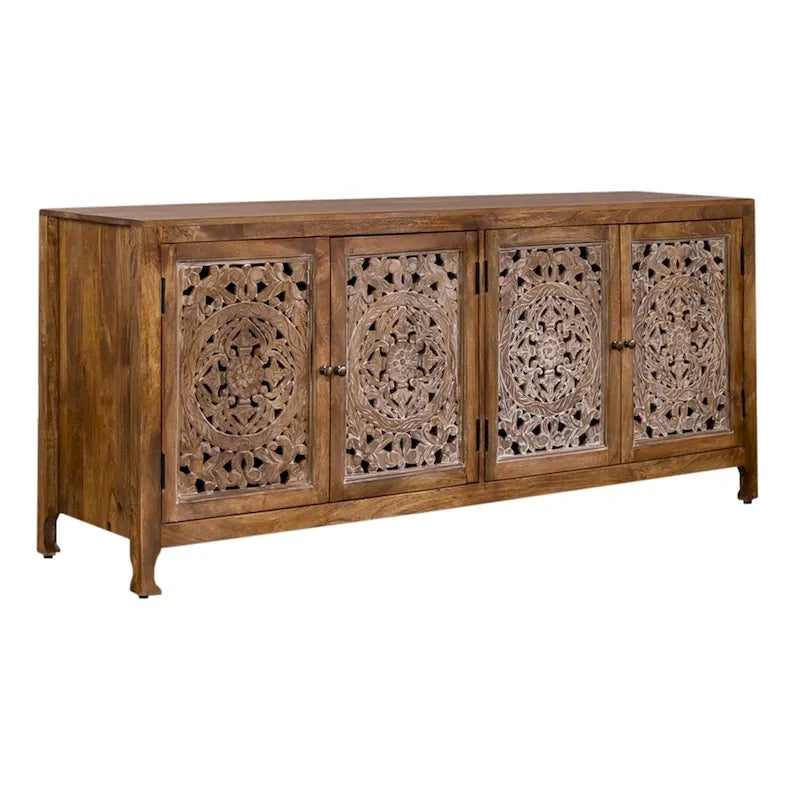 74-Inch 4-Door Boho Accent TV Stand in Weathered Honey Finish