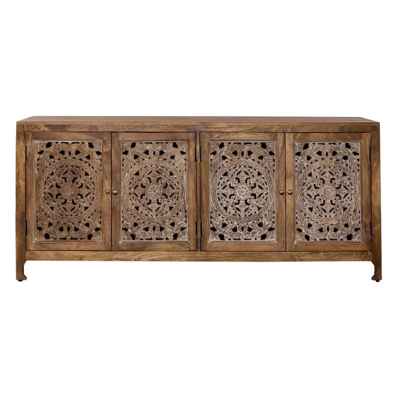 Meuble TV d'appoint bohème à 4 portes de 188 cm, finition miel vieilli