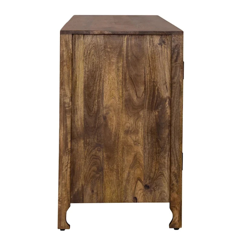 74-Inch 4-Door Boho Accent TV Stand in Weathered Honey Finish