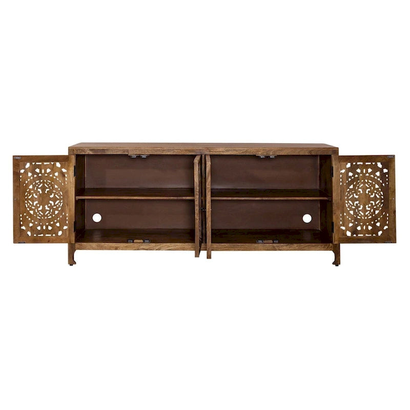 Meuble TV d'appoint bohème à 4 portes de 188 cm, finition miel vieilli