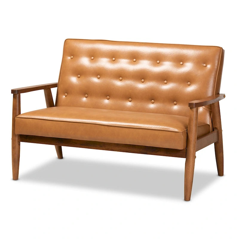 Causeuse en similicuir marron clair et bois finition noyer