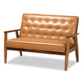 Causeuse en similicuir marron clair et bois finition noyer