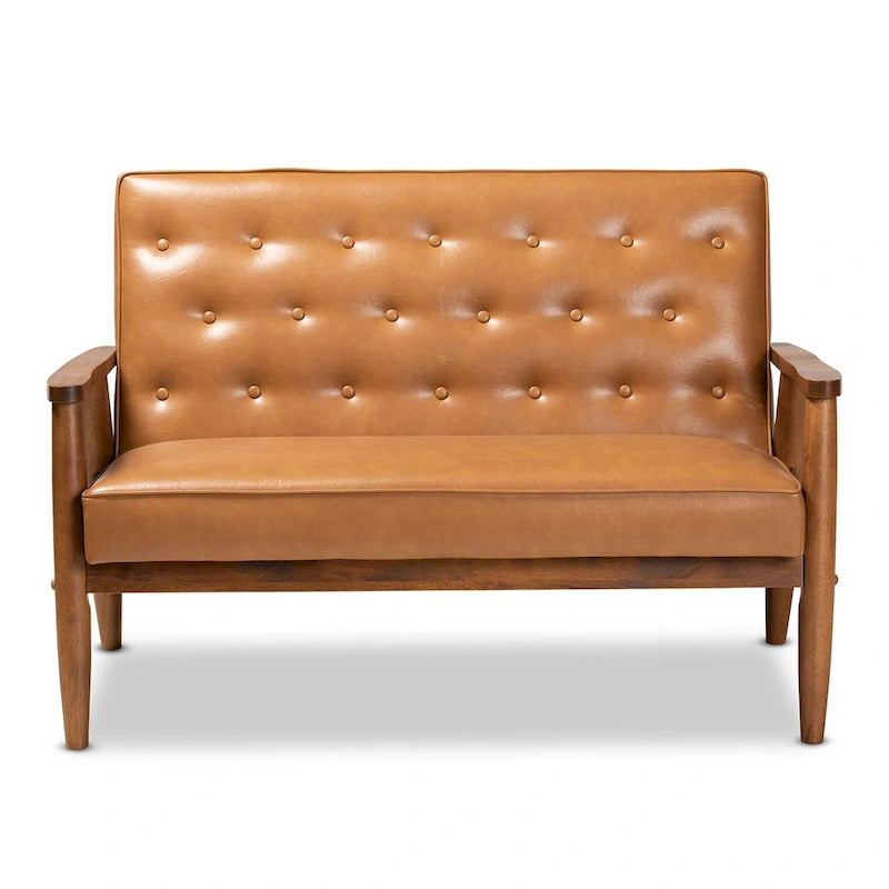 Causeuse en similicuir marron clair et bois finition noyer