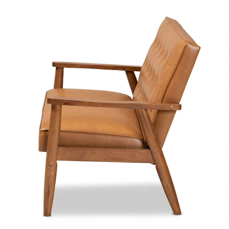 Causeuse en similicuir marron clair et bois finition noyer