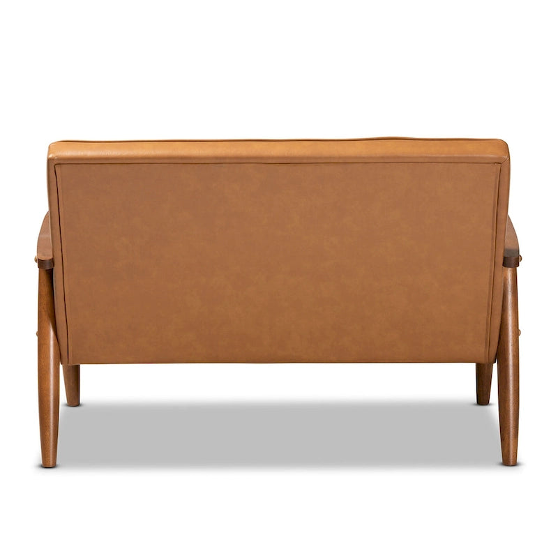 Causeuse en similicuir marron clair et bois finition noyer