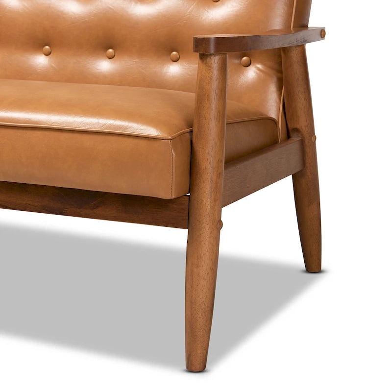 Causeuse en similicuir marron clair et bois finition noyer