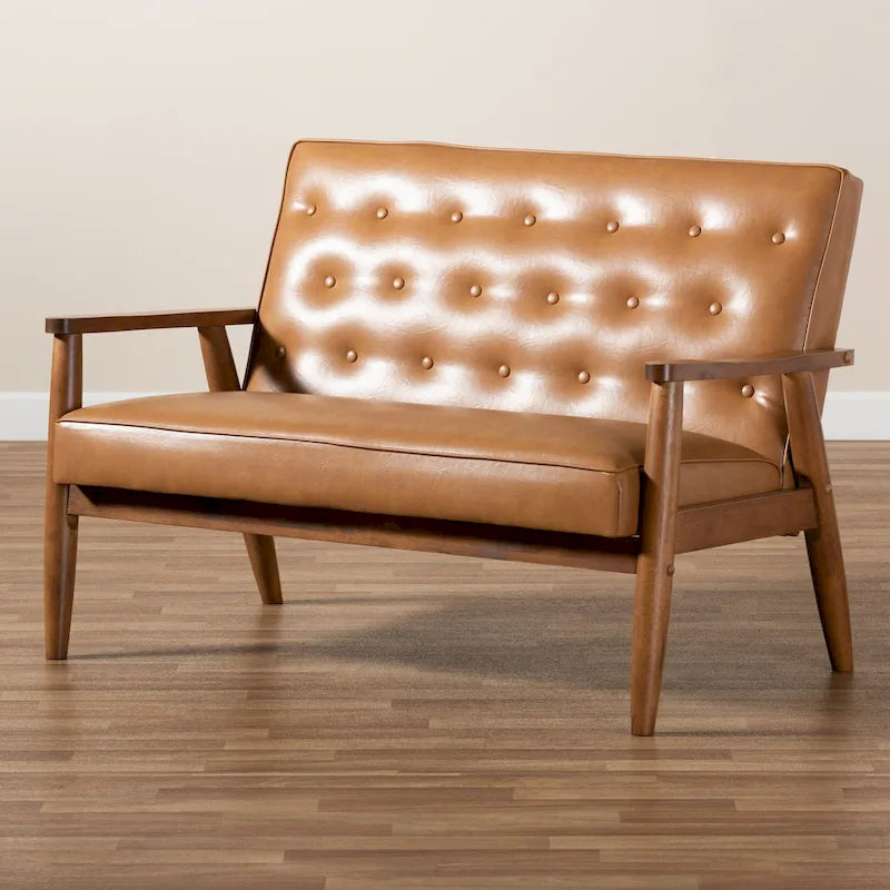 Causeuse en similicuir marron clair et bois finition noyer