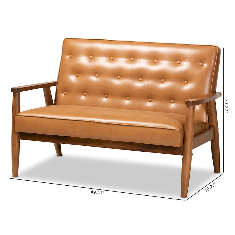 Causeuse en similicuir marron clair et bois finition noyer