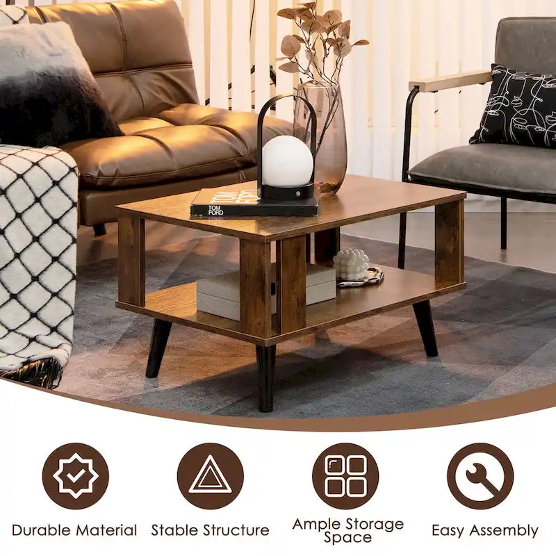 Wood Rectangle Coffee Table with Open Storage Shelf