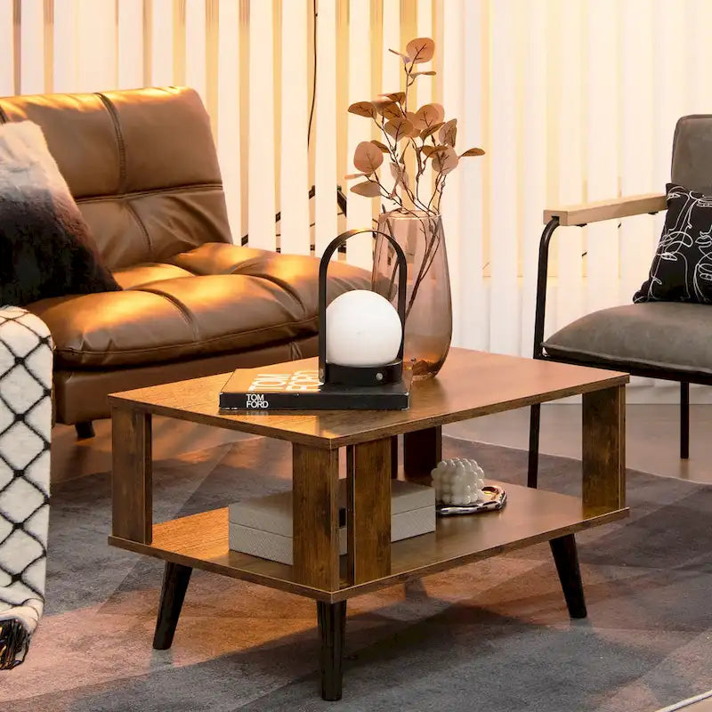 Wood Rectangle Coffee Table with Open Storage Shelf