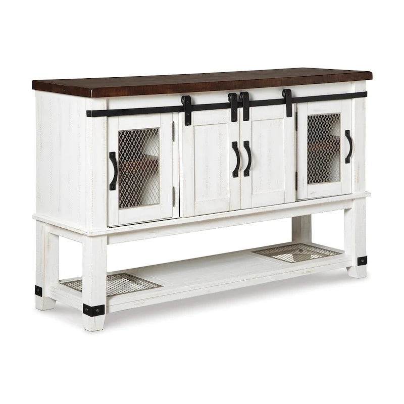Buffet de salle à manger blanc style ferme avec portes de grange et incrustations en maille
