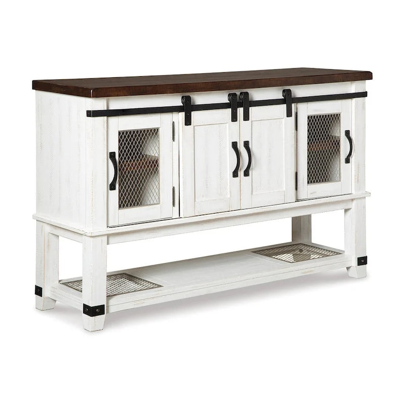 White Farmhouse Dining Room Server Cabinet with Barn Doors and Mesh Inlays