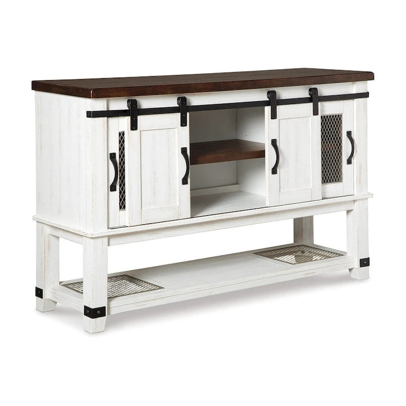 White Farmhouse Dining Room Server Cabinet with Barn Doors and Mesh Inlays