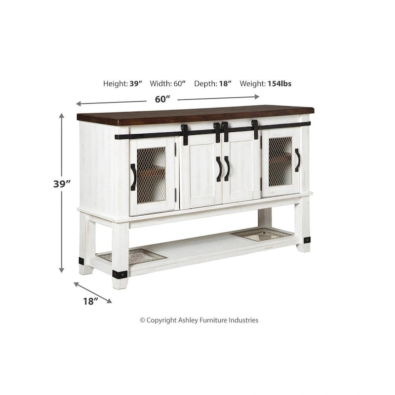 White Farmhouse Dining Room Server Cabinet with Barn Doors and Mesh Inlays