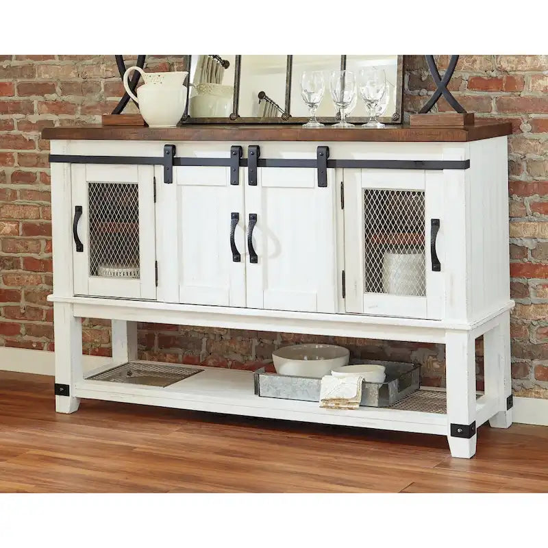 White Farmhouse Dining Room Server Cabinet with Barn Doors and Mesh Inlays