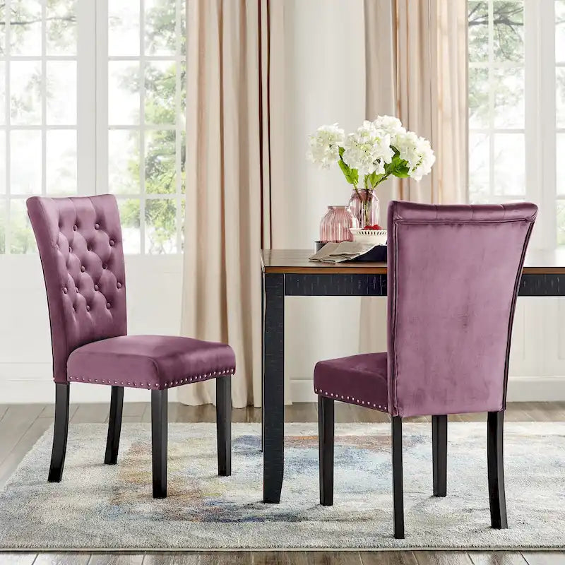 Chaise de salle à manger en velours capitonné avec boutons décoratifs et coussin en mousse
