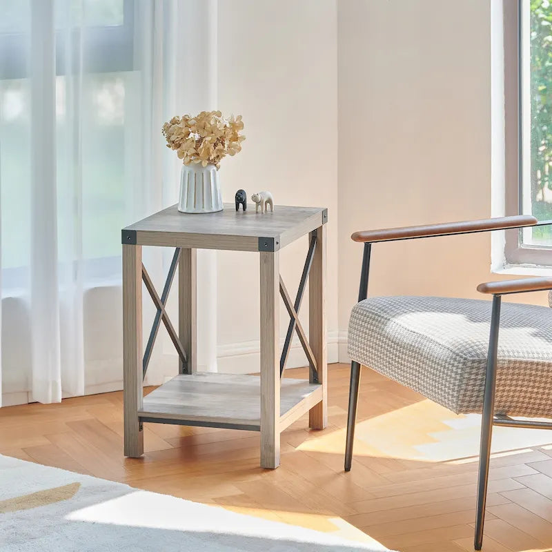 Table d'appoint ou de chevet de style campagnard de 40 cm avec étagère de rangement