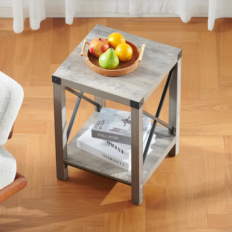 Table d'appoint ou de chevet de style campagnard de 40 cm avec étagère de rangement