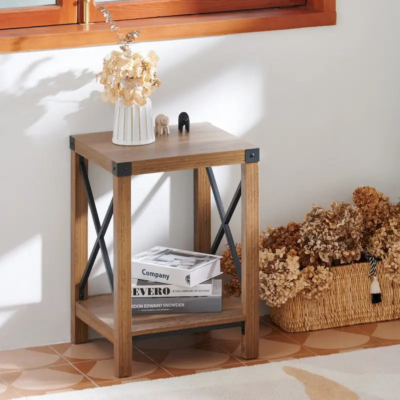 Table d'appoint ou de chevet de style campagnard de 40 cm avec étagère de rangement