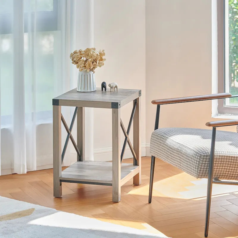 Table d'appoint ou de chevet de style campagnard de 40 cm avec étagère de rangement