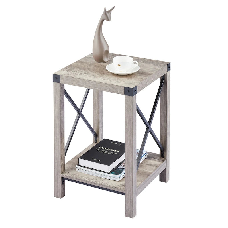 Table d'appoint ou de chevet de style campagnard de 40 cm avec étagère de rangement