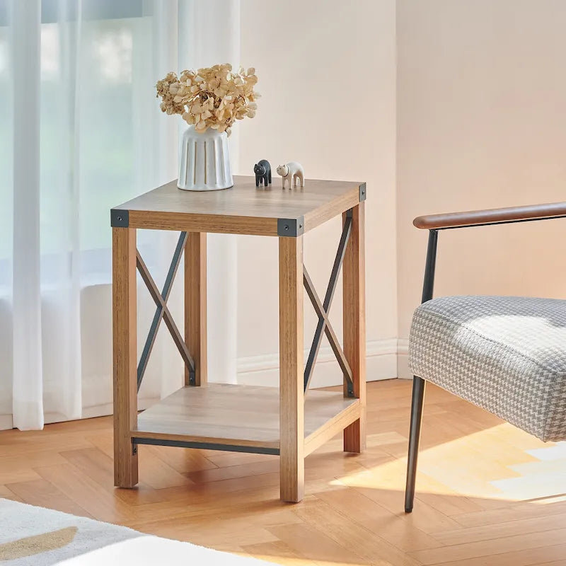 Table d'appoint ou de chevet de style campagnard de 40 cm avec étagère de rangement