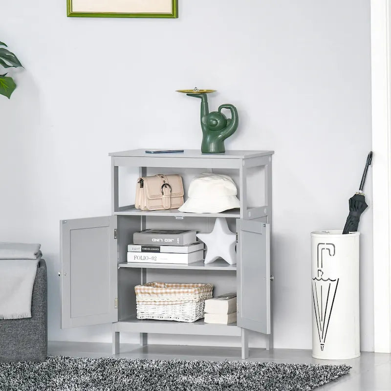 Freestanding Modern Bathroom Storage Cabinet with Doors and Open Shelf, Grey
