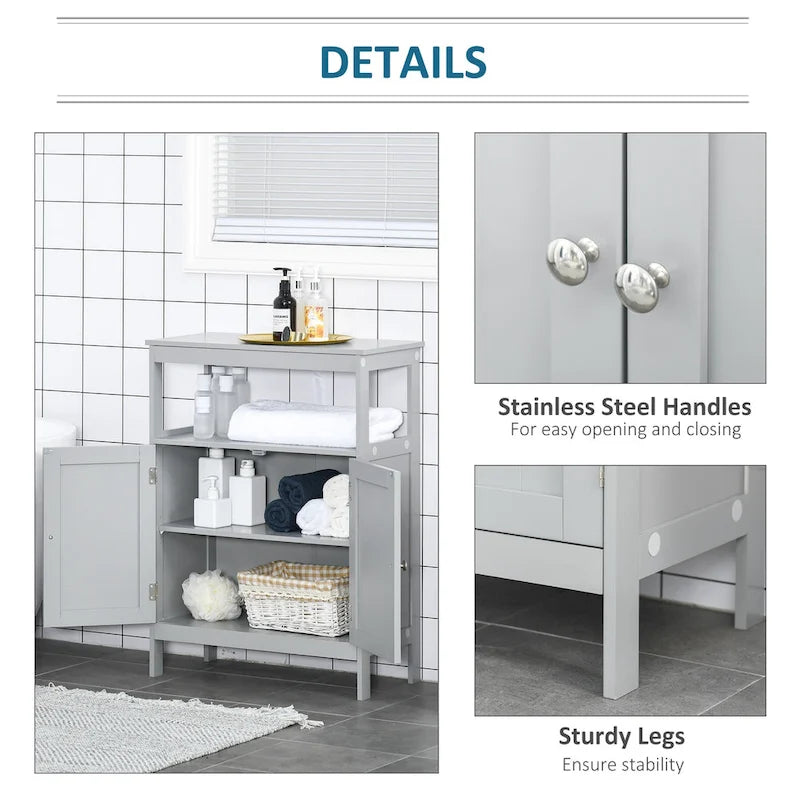 Freestanding Modern Bathroom Storage Cabinet with Doors and Open Shelf, Grey