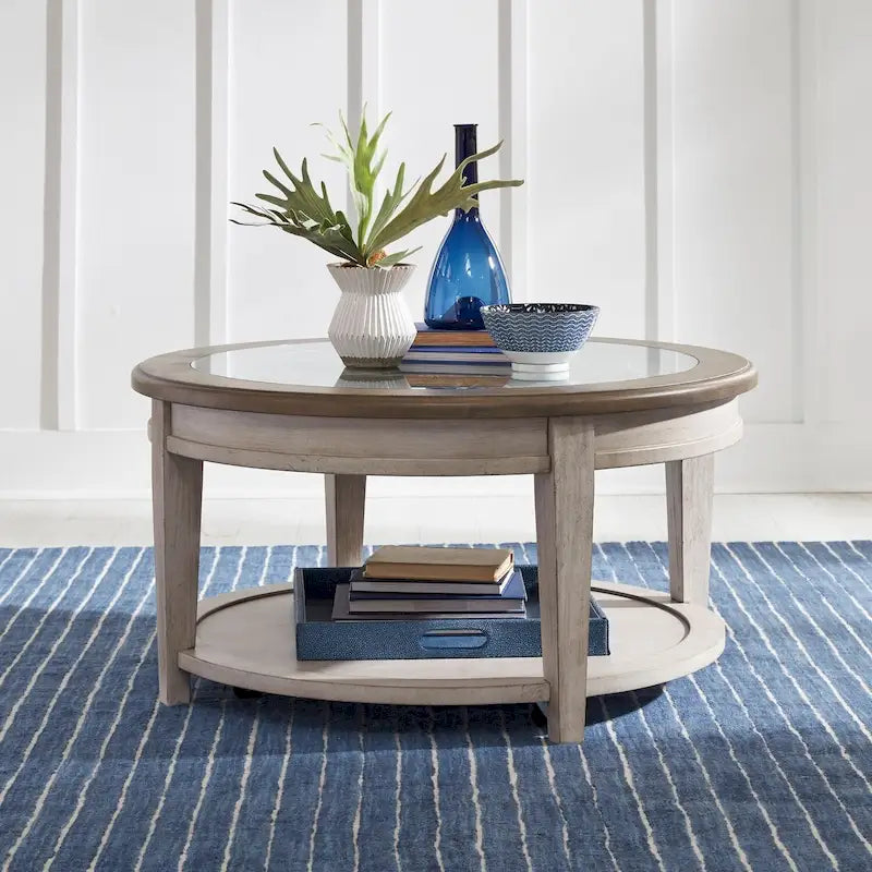 Table basse avec plateau rond en carrelage, coloris blanc antique et tabac