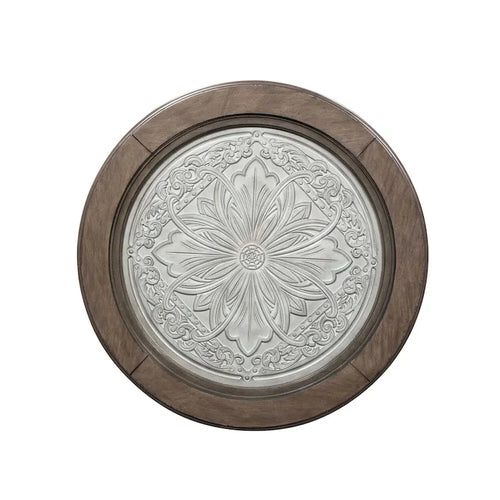 Table basse avec plateau rond en carrelage, coloris blanc antique et tabac