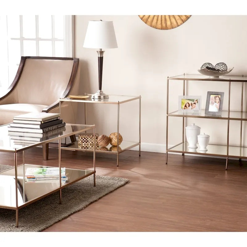 Glam Glass Side Table with Mirrored Shelf Copper Finish