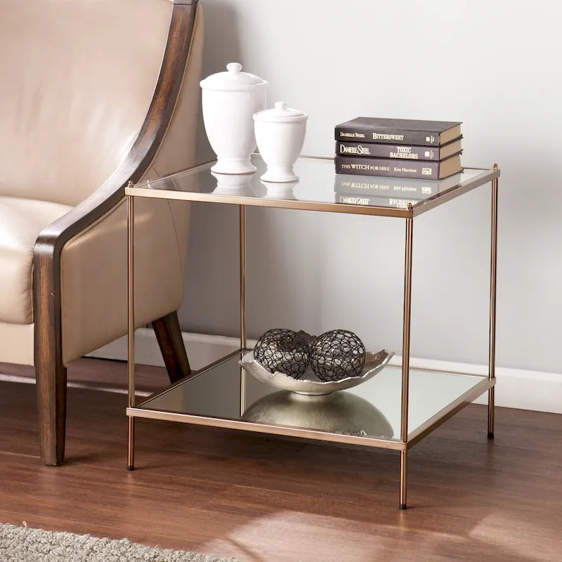 Glam Glass Side Table with Mirrored Shelf Copper Finish
