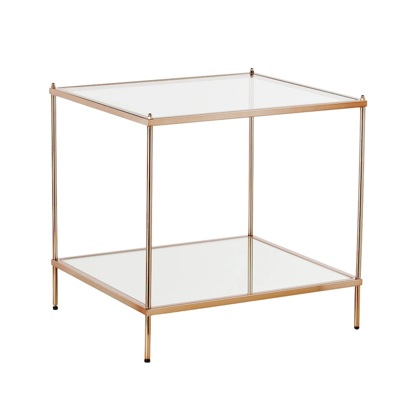 Glam Glass Side Table with Mirrored Shelf Copper Finish