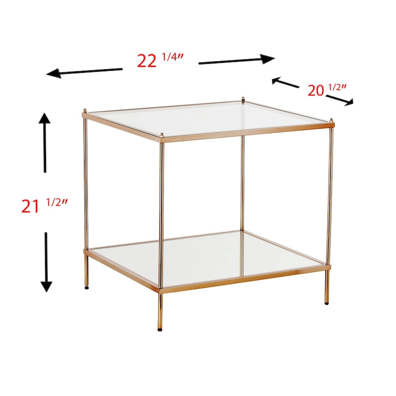 Table d'appoint Glam Glass avec étagère miroir, finition cuivre