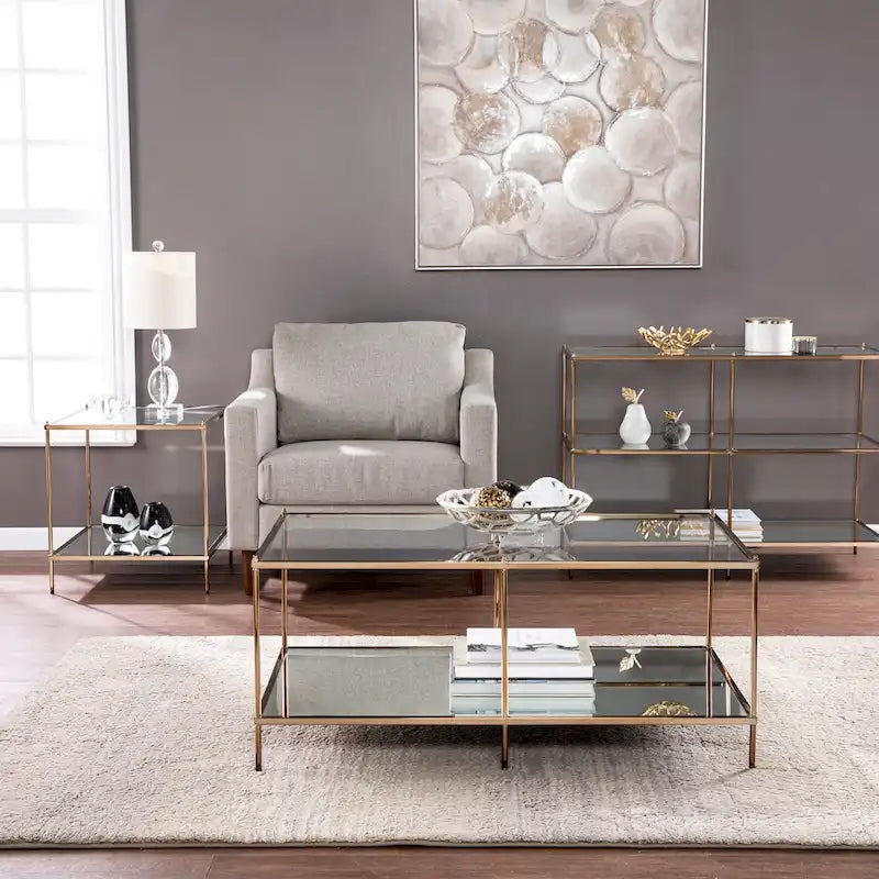 Table d'appoint Glam Glass avec étagère miroir, finition cuivre