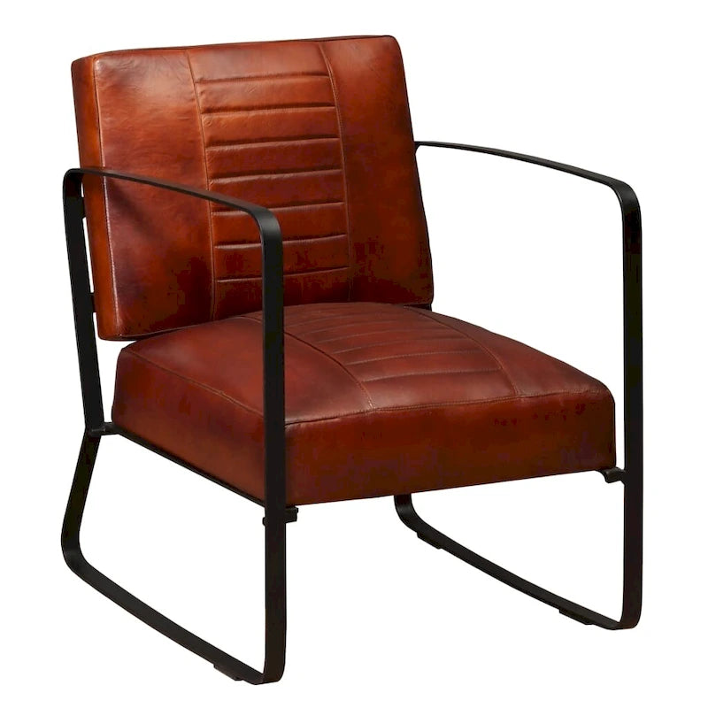 Industrial Lounge Chair with Metal Frame and Genuine Leather Seat