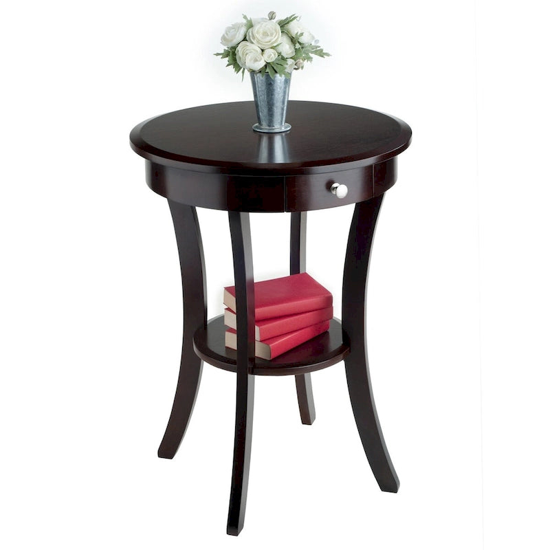 Round Accent Table Cappuccino Wood Side Table with Drawer and Shelf