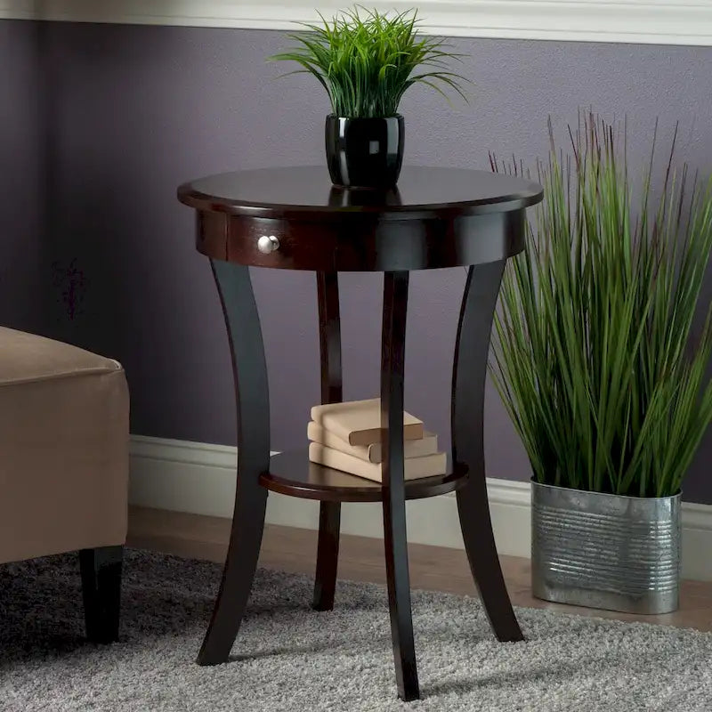Table d'appoint ronde avec tiroir et étagère, en bois cappuccino