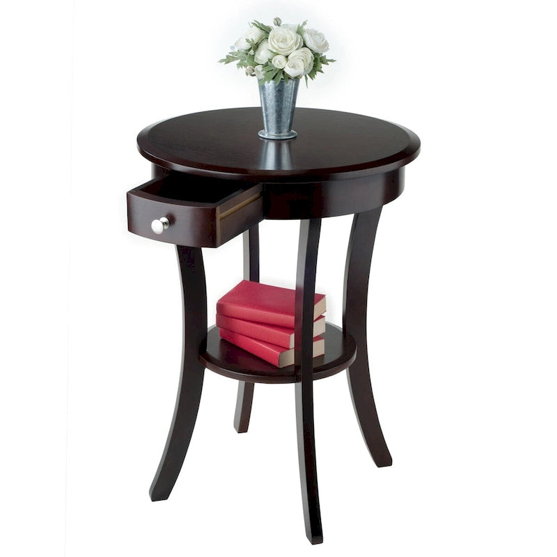 Round Accent Table Cappuccino Wood Side Table with Drawer and Shelf