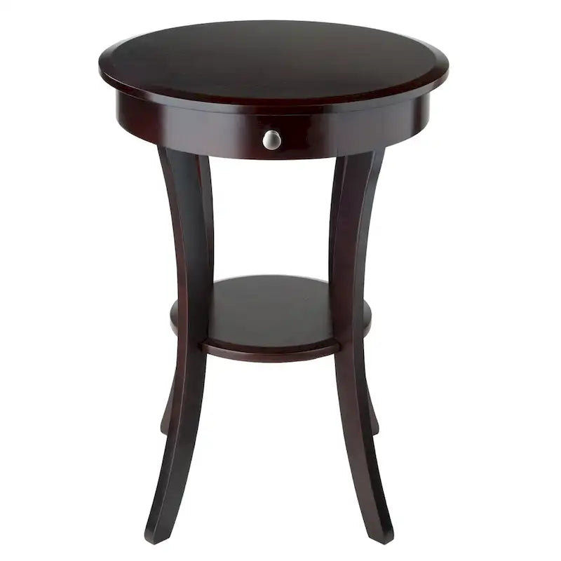 Round Accent Table Cappuccino Wood Side Table with Drawer and Shelf