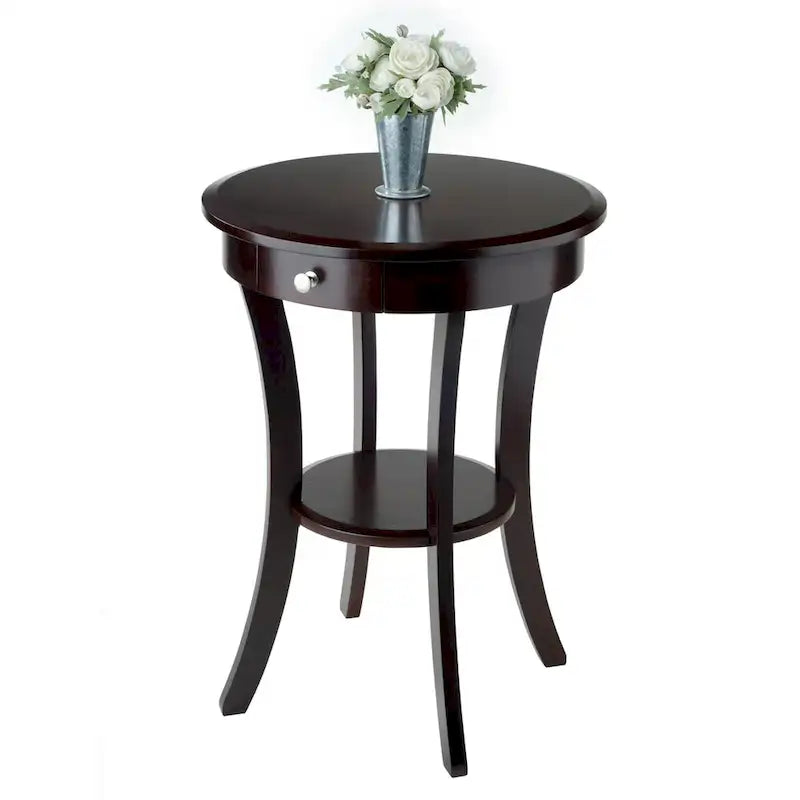 Table d'appoint ronde avec tiroir et étagère, en bois cappuccino