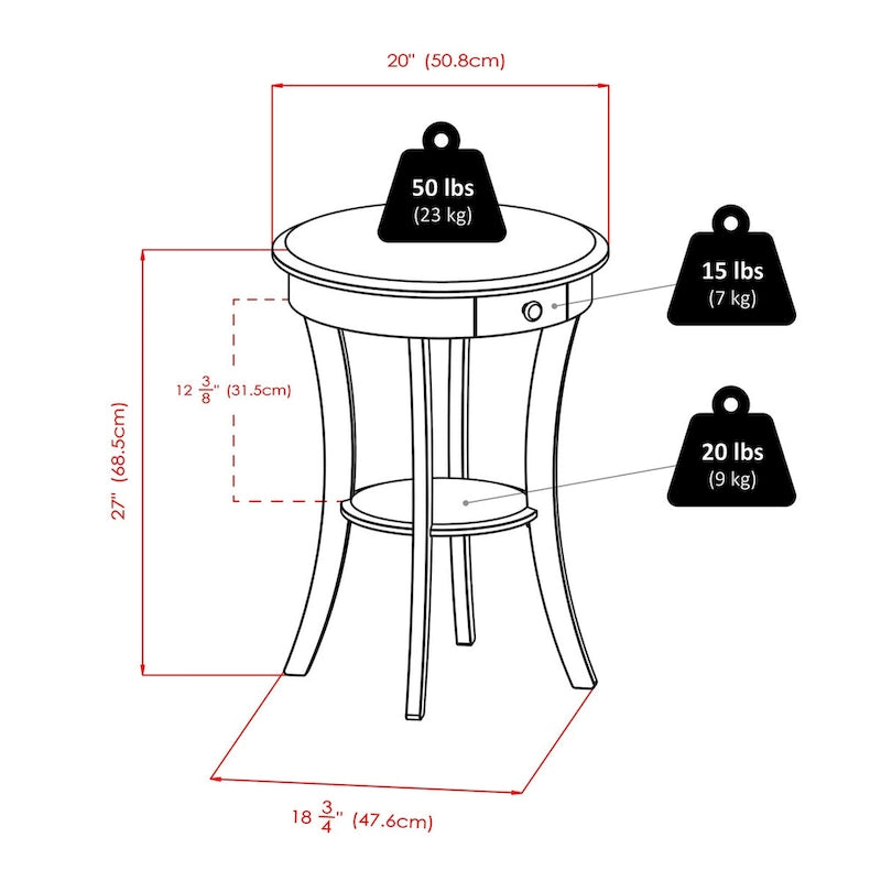 Table d'appoint ronde avec tiroir et étagère, en bois cappuccino