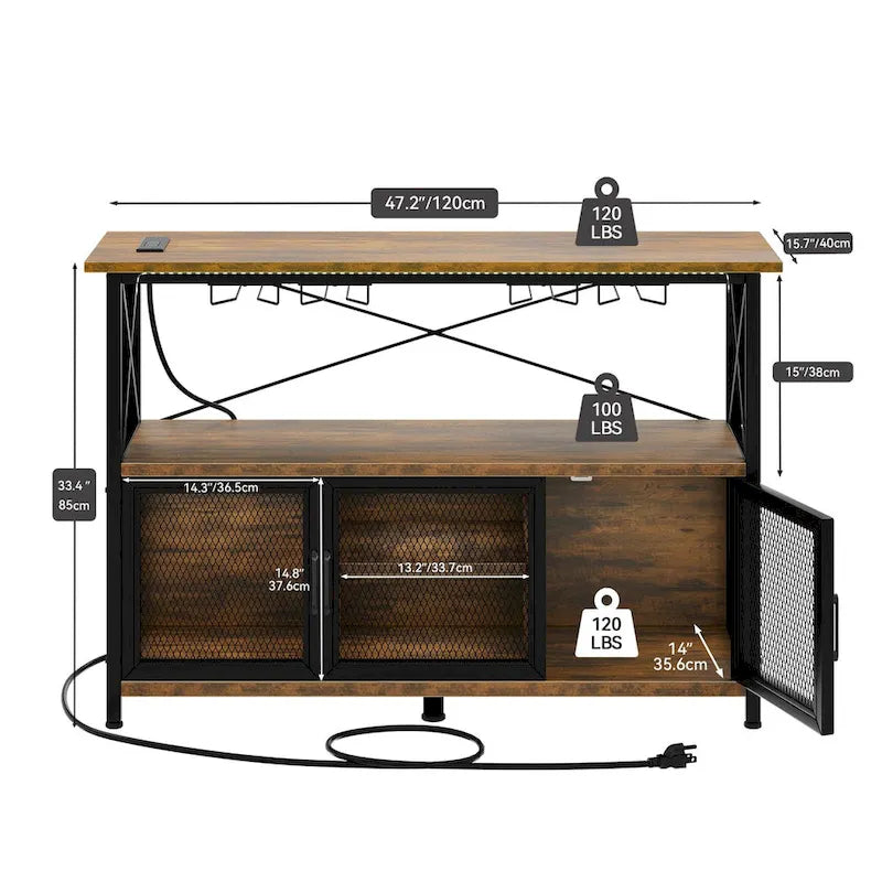 Wine Bar Cabinet with RGB LED Lights and Power Outlets